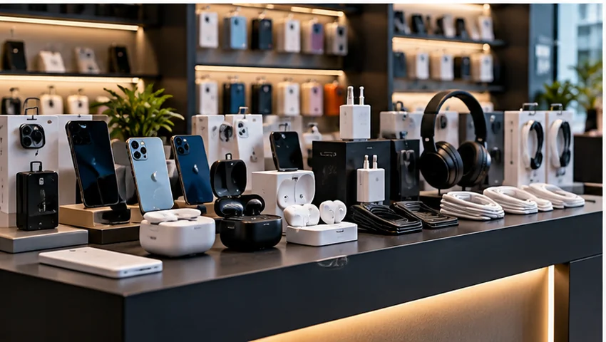 Illustrative mobile phones, chargers, headphones and accessories on display