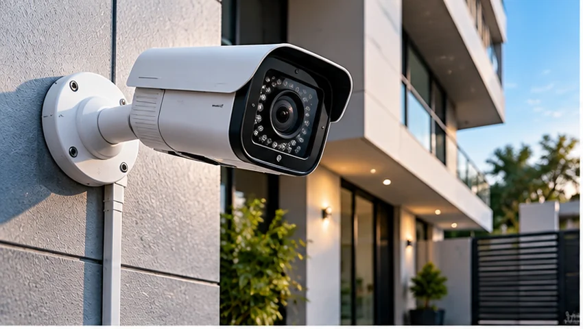 Illustrative CCTV security camera mounted at a property
