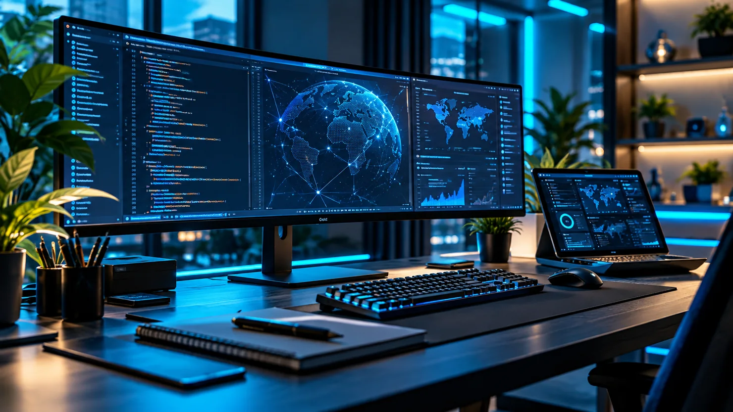 Conceptual digital workspace showing software and network dashboards