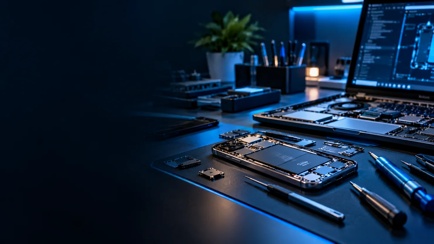 Illustration of an electronics repair workbench with an open smartphone and laptop