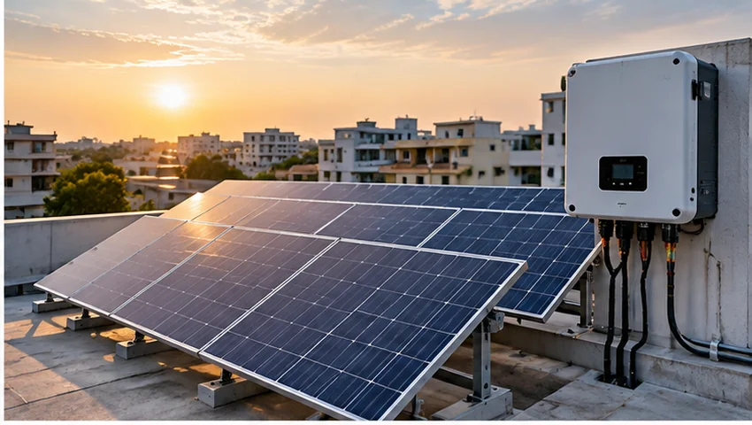 Illustrative rooftop solar array with connected inverter